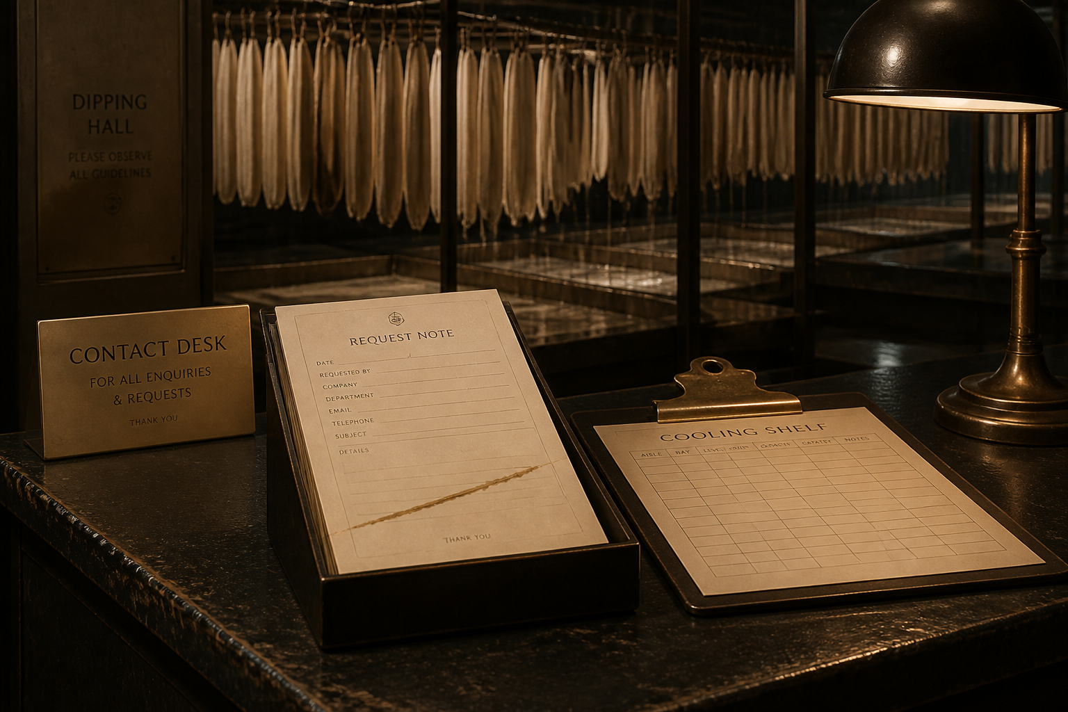 Wax-ivory request sheets on the dipping-hall contact desk