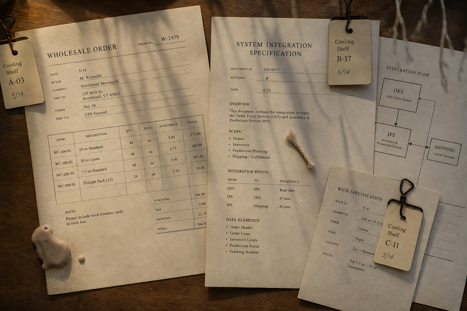 Procurement documents clipped with cooling-shelf tags and wick-shadowed paper